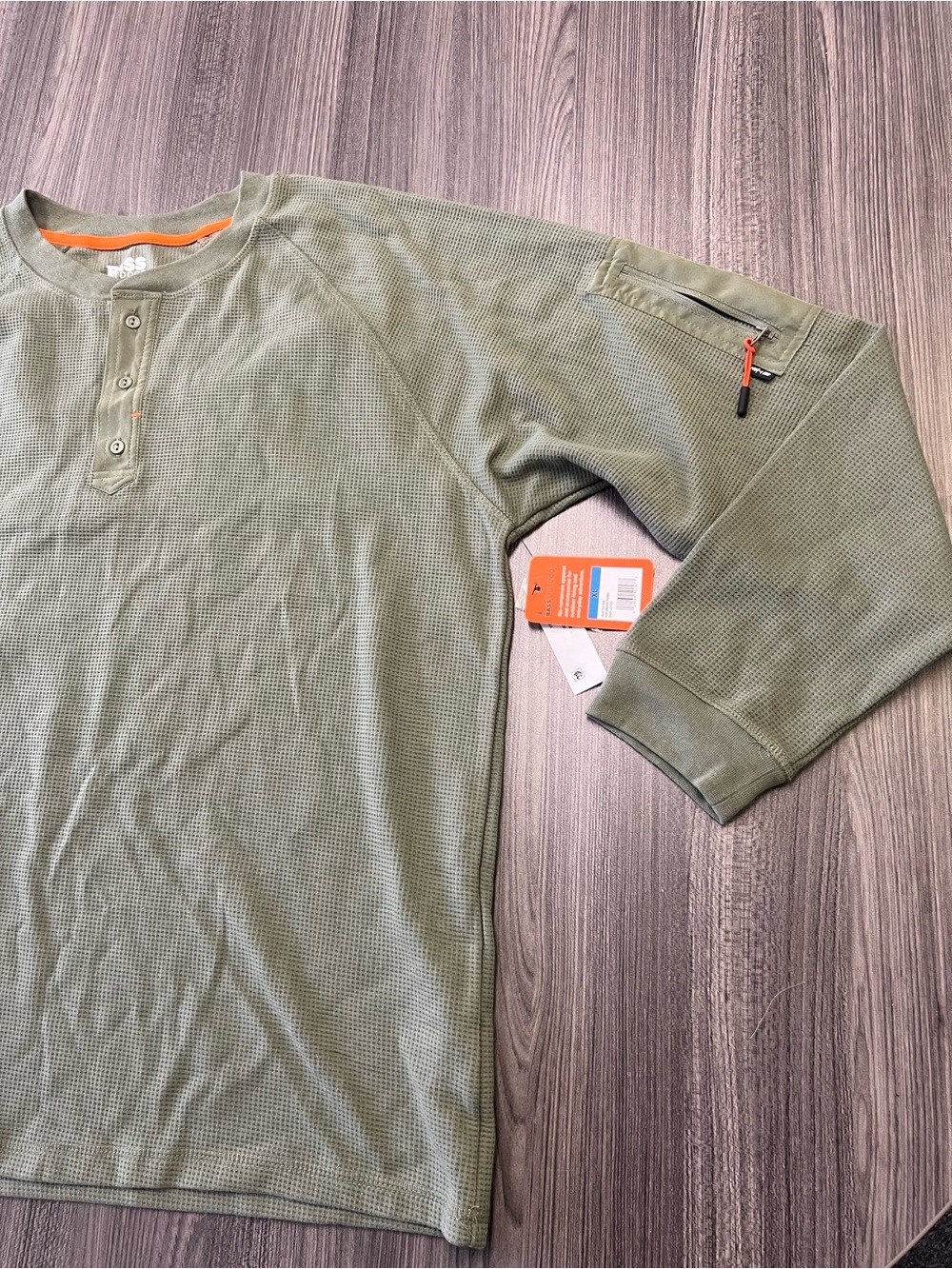 Bass Pro Shops Olive Green Waffle-Knit Henley with Zip Sleeve Pocket
